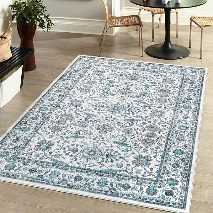3x5 Area Rugs Washable Boho Rug, Non Slip Carpet for Living Room, Boho Vintage Design Rug, Foldable Soft Low-Pile Rug, Blue/Floral