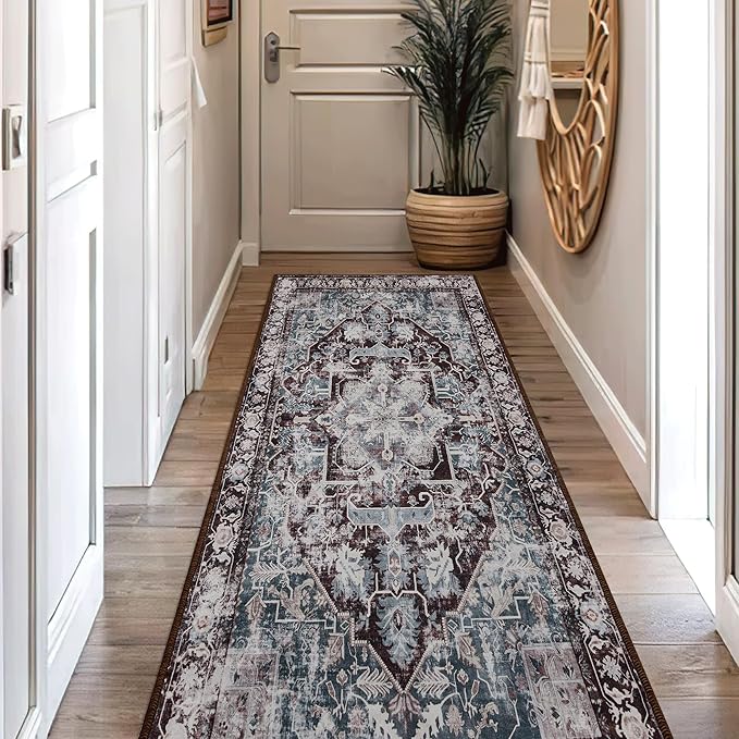 RYB HOME 2x6 Kitchen Runner Rug, Vintage Modern Entrance Door Mat Runner, Distressed Soft Stain Resistant Non Slip for Hallway Kitchen Bathroom Laundry Foyer, 2x6 ft, Beige