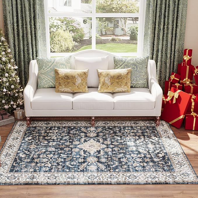 Vintage Ultra-Thin Distressed Medallion Rug, 4x6 Washable Low-Pile for Bedroom, Dining, Entryway, Bathroom, Living Room