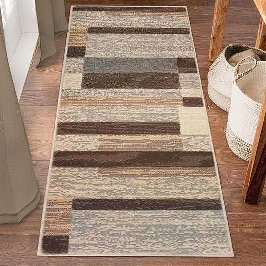 SUPERIOR Indoor Runner Rug, Jute Backed, Modern Geometric Patchwork Floor Decor for Bedroom, Office, Living Room, Entryway, Hardwood Floors, Rockwood Collection, 2' 7" x 10', Slate