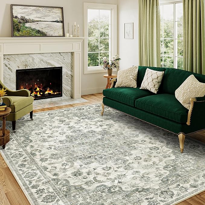 5x7 Washable Neutral Area Rug Green Floral Living Room Bedroom Carpet Non-Slip Low Pile Vintage Soft Thin Throw Rug for Dining Room Entryway Dorm Office Kitchen Bathroom