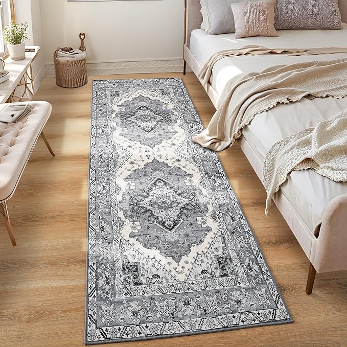 Noahas Grey Hallway Runner Rug 2x6,Vintage Machine Washable Kitchen Runner Area Rugs with Rubber Backing Non Slip Print Carpet for Hallways,Entryway,Laundry Room,Bathroom,Home Decor