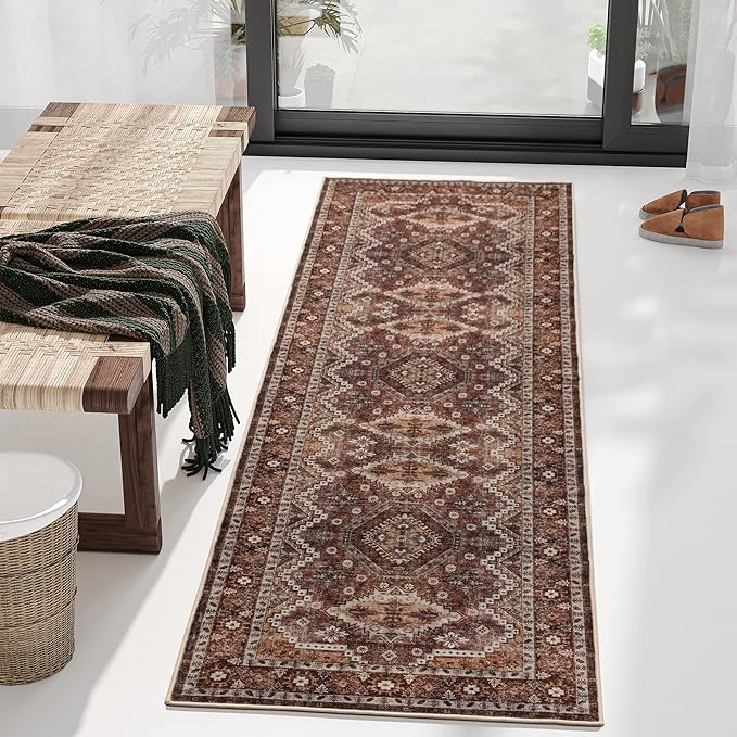 Rugland 2'6x8' Runner Rug, TPR07-Rust, Vintage Tribal, Stain Resistant, Anti-Slip Backing, Machine Washable, Low Pile, Indoor, Rug