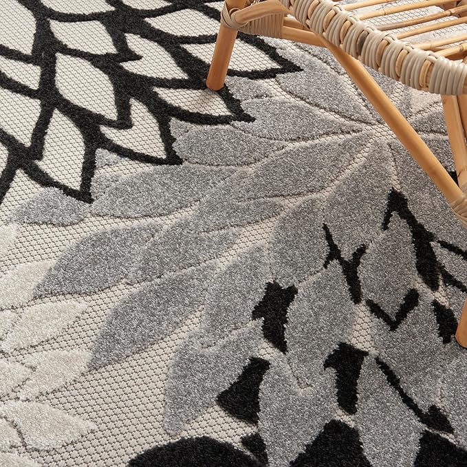 Nourison Aloha Indoor/Outdoor Black White 6' x 9' Area Rug, Tropical, Botanical, Easy Cleaning, Non Shedding, Bed Room, Living Room, Dining Room, Deck, Backyard, Patio (6x9)