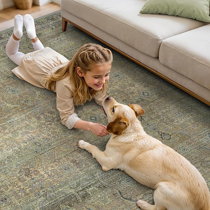 9X12 Area Rugs Machine Washable Rugs for Living Room, Vintage Boho Large Rugs for Bedroom Dining Room, Non Slip Indoor Soft Distressed Lightweight Thin Low Pile Carpet, Vintage Sunset