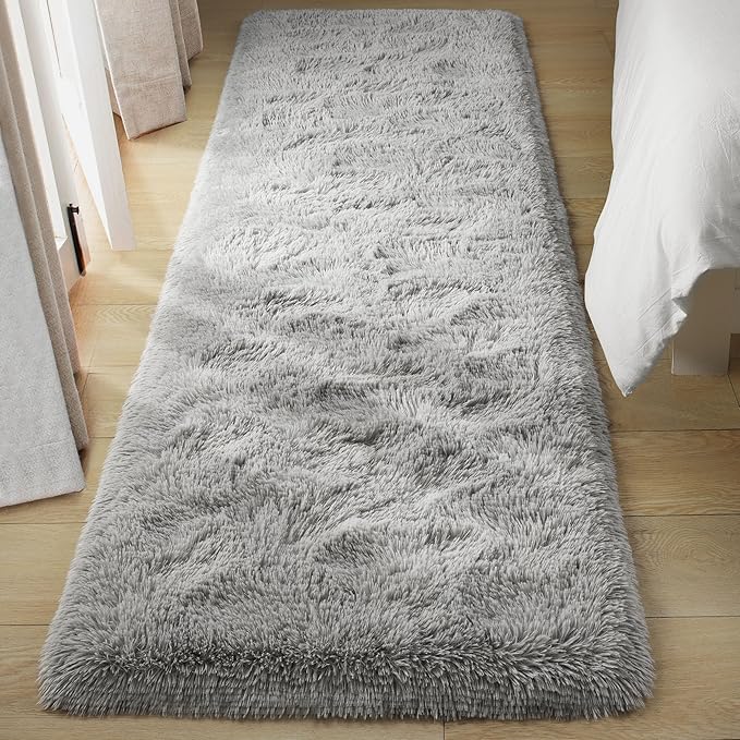 Tepook Soft Runner Rugs for Bedroom 2x6 ft with Rubber Backing, Grey Fluffy Rugs for Living Room, Shag Bedside Rug Fuzzy Plush Carpet for Room, Area Rug for Dorm Nursery Hallway Indoor Home Decor