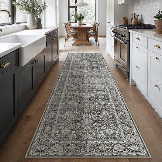 Black Runner Rug 2x8 Vintage Area Carpet Hallway Long Indoor Kitchen Washable Living Room Low Pile Traditional Distressed Retro Accent Throw Rug Non Slip Laundry Bathroom Office Dining Room
