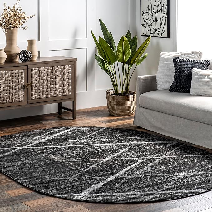 nuLOOM Oval 5x8 Thigpen Contemporary Area Rug, Charcoal, Abstract Lines, Non-Slip Backing, Stain Resistant, For Bedroom, Dining Room, Living Room, Hallway, Office, Kitchen, Entryway