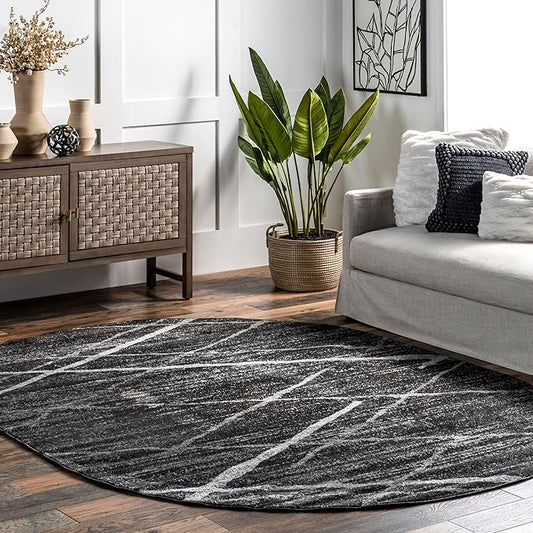 nuLOOM Oval 5x8 Thigpen Contemporary Area Rug, Charcoal, Abstract Lines, Non-Slip Backing, Stain Resistant, For Bedroom, Dining Room, Living Room, Hallway, Office, Kitchen, Entryway