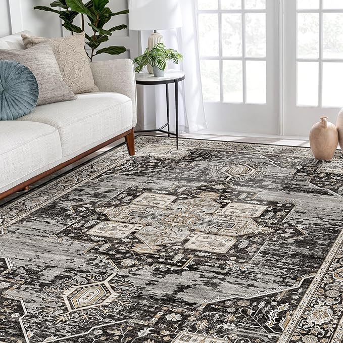 RUUGME Washable 9x12 Area Rugs - Large Rugs for Living Room Stain Resistant Carpet Vintage Rugs for Bedroom with Non Slip Backing Home Decor Floor Decoration Mat (9x12 Black)