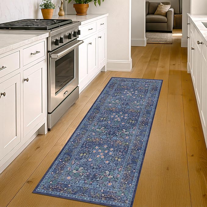 Non Slip 2x6 Dark Blue Bathroom Runner Rug - Long Runner Rugs 24 x 72 Washable Kitchen Floor Mat, Laundry Room Rug, Hallway Runner - Vintage Floral Design Décor