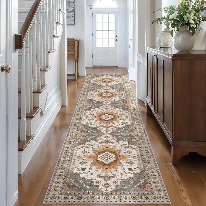 2x10 Vintage Floral Geometric Runner Rug, Turmeric & Multicolor, Machine Made, Non-Slip, Washable, 0.35 Inch Pile, Rectangular, Indoor, Entryway & Living Room