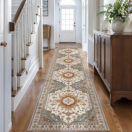 2x10 Vintage Floral Geometric Runner Rug, Turmeric & Multicolor, Machine Made, Non-Slip, Washable, 0.35 Inch Pile, Rectangular, Indoor, Entryway & Living Room