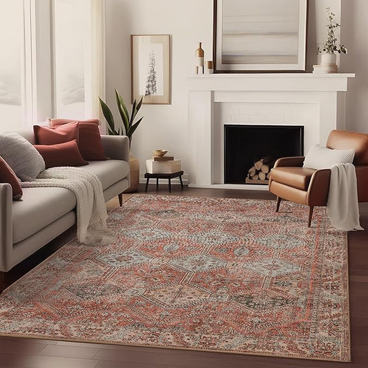 Bavni 3x5 Area Rugs for Living Room, Machine Washable Rug Non Slip, Vintage Chenille Distressed Print Carpet, Large Low Pile Ultra-Thin Lightweight Rugs for Bedroom, Dining Room, Office, Spice Sky