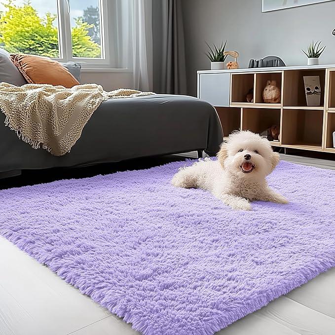 OLANLY 3x5 Machine Washable Small Bedside Rug, Soft Fluffy Shaggy Rugs for Living Room, Bedroom, Indoor Floor Carpet for Kids Girls and Boys, Preppy Dorms, Nursery, Home Decor Aesthetic, Light Purple