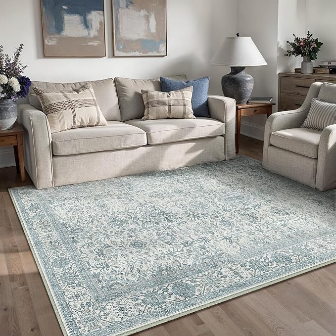 Vintage Area Rug 3x5 Blue Entryway Office Washable Carpet Non Slip Bedroom Indoor Living Room Door Mat Low Pile Traditional Distressed Retro Accent Rug for Dining Room Bathroom Kitchen