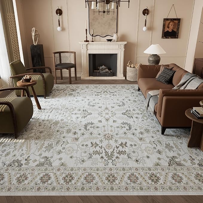 5x7 Rug, Washable Neutral Boho Modern Vintage Non Slip Floral Area Carpet, Low Pile Soft Rugs, Slip Resistance, Pet-Friendly, Durable Rug for Living Room, Bedroom, Kitchen, Dining Room