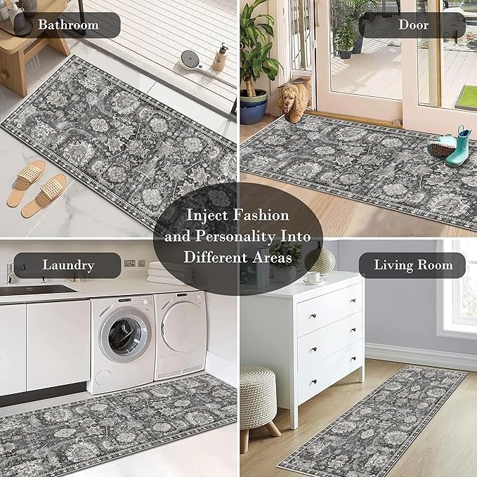 Washable Area Rugs - Perfect for Living Room, Bedroom, Kids Room, Nursery - Stain & Water Resistant Non-Slip, Pet & Child Friendly, Vintage Tribal Area Rugs (Grey, 2'6'' x 8')