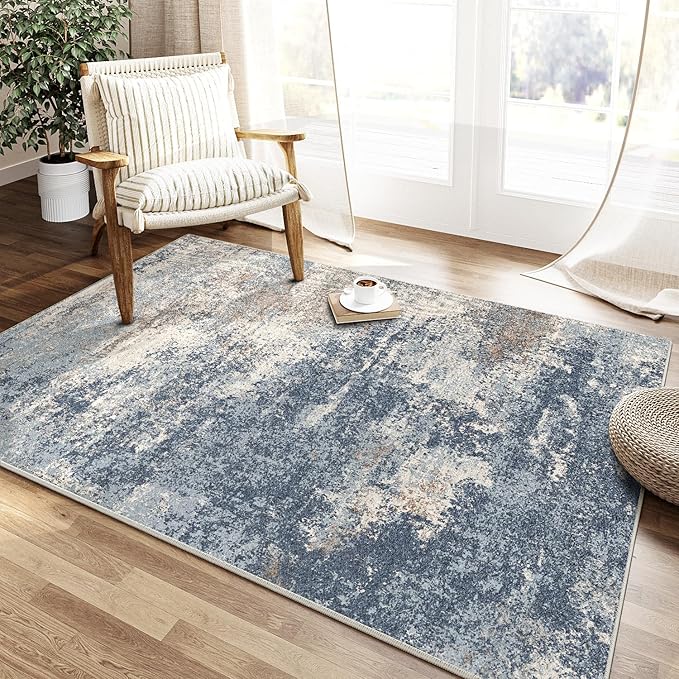 4x6 Washable Rug Dark Blue Entryway Rugs Hallway Area Rug Indoor Abstract Non Slip Low Pile Carpet Distressed Throw Rugs for Bedroom Living Office Dining Kitchen