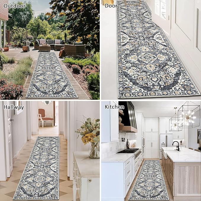 HEBE Hallway Runner Rug 2'x8' Washable Vintage Distressed Area Rugs Non Slip Laundry Rug Runner Boho Floor Carpet Runners for Hallways Entryway Laundry Room Kitchen Bathroom