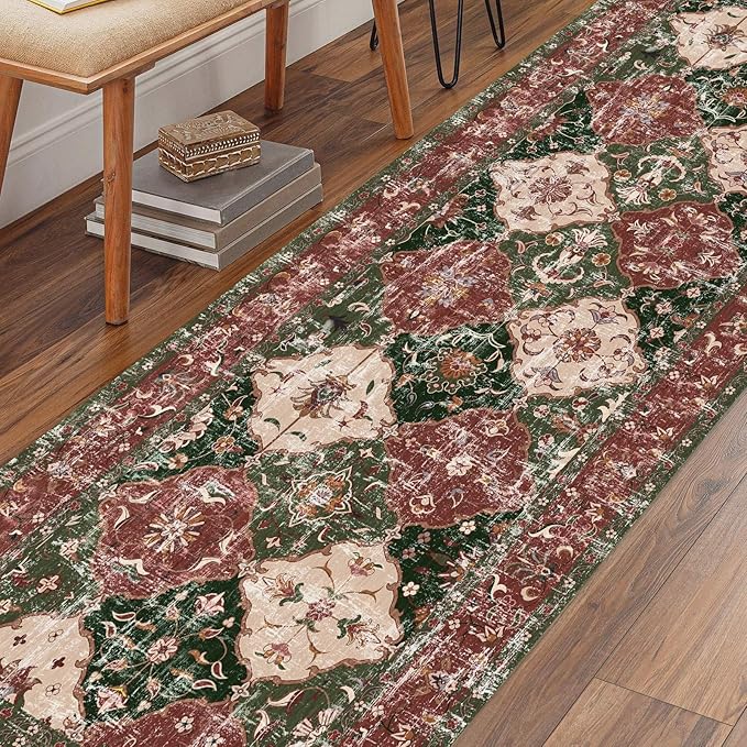 Boho Vintage Area Rugs 2×6 Washable Non-Slip Traditional Red and Green Runner Rug for Hallway Kitchen Entryway
