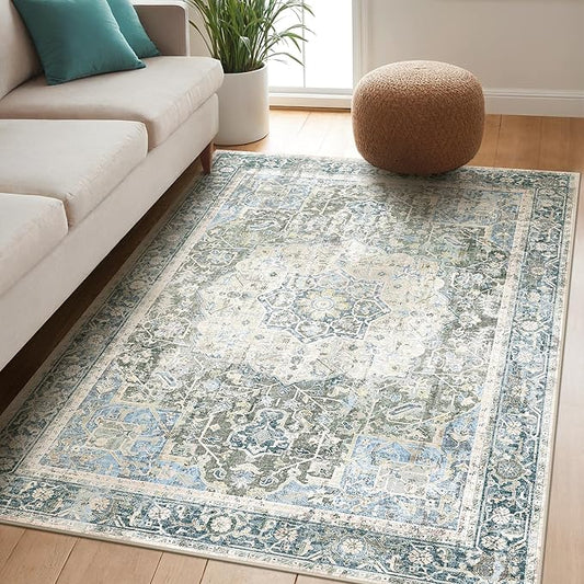 Kokia 4x6 Area Rugs for Living Room, Machine Washable Non Slip Vintage Boho Rugs, Low Pile Distressed Medallion Print Rug for Bedroom, Dining Room Blue 4 x 6