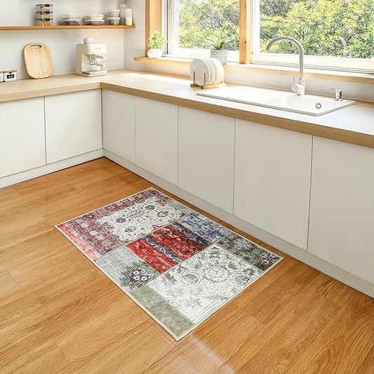 Small Patchwork Washable Area Rug with Velvet Fabric and Non-Slip Backing for Bathroom, Bedroom, Printed Vintage Boho Floor Decoration Stain-Resistant Foldable Mat (Multi, 2' x 2'11")