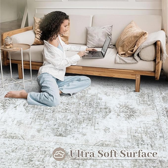 Vintage Medallion Distressed Throw Rug, 3x5, Taupe - Machine Washable, Non-Slip, Soft Low Pile for Bedroom, Bathroom, Kitchen, Entryway & Hallway