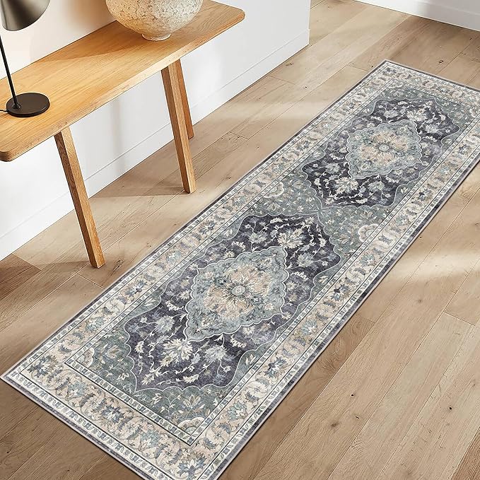 2x6 Washable Runner Rug Non Slip Long Bathroom Hallway Runner Rug Vintage Blue Boho Area Rug Soft Carpet for Bedroom Runner Rugs for Kitchen Laundry Entryway