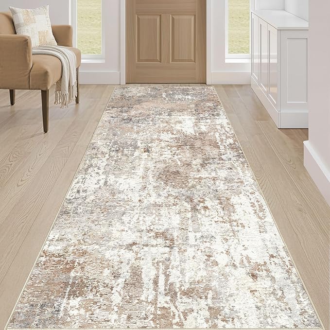 Runner Rug Kitchen Washable Rugs: 3x10 Non-Slip Abstract Soft Modern Stain Resistant Indoor Floor Neutral Accent Throw Carpet for Hallway Bathroom Laundry Room Entryway Bedroom- Brown