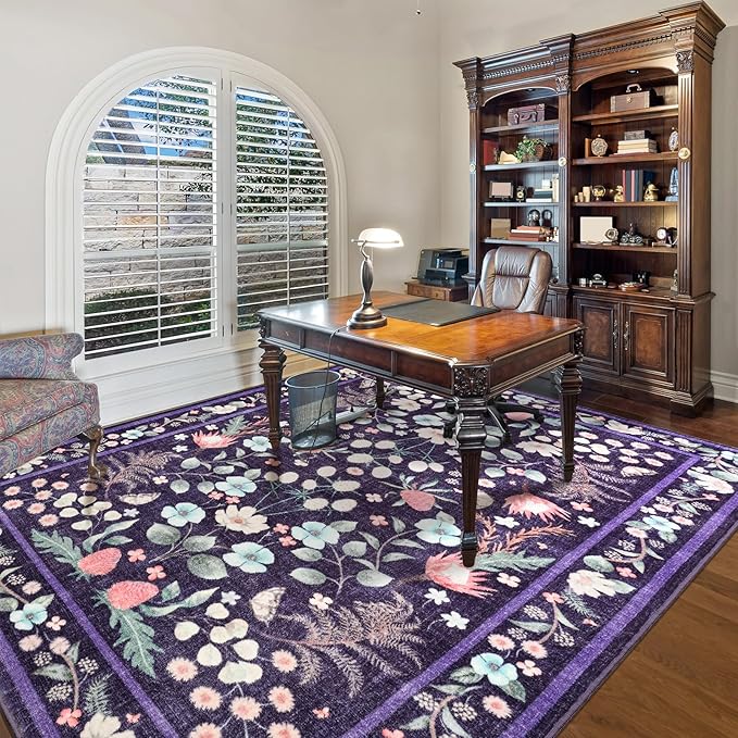 Area Rugs for Living Room, 6x9 Washable Non-Slip Rug for Bedroom, Vintage Floral Carpet for Home Office Nursery Dining Room Kitchen, Purple