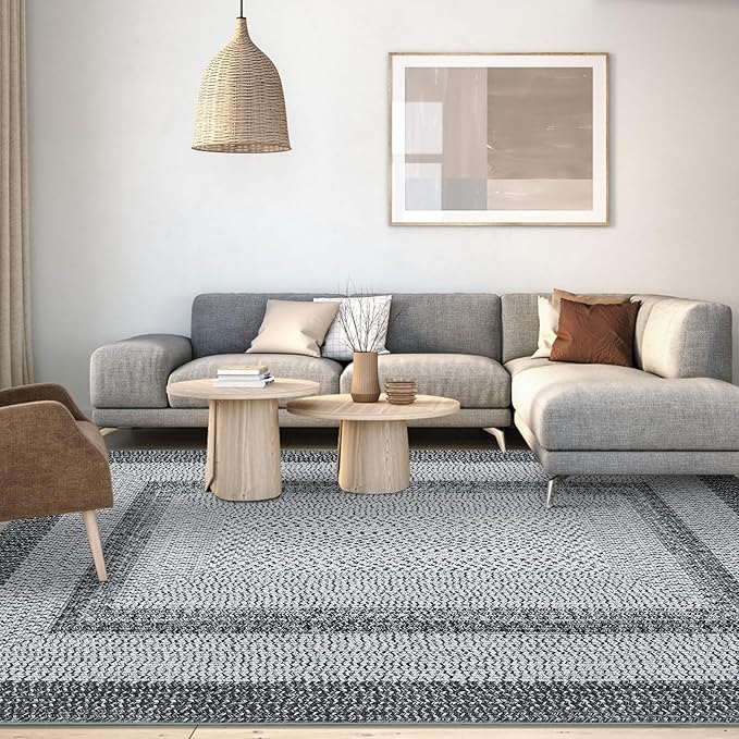 Washable Area Rugs 4x6 Rug for Living Room Indoor Mats for Entryway Soft Bedroom Rug Non Slip Modern Braided Print Area Rug Farmhouse Throw Rugs Low Pile Stain Resistant Carpet 4'x6' Grey