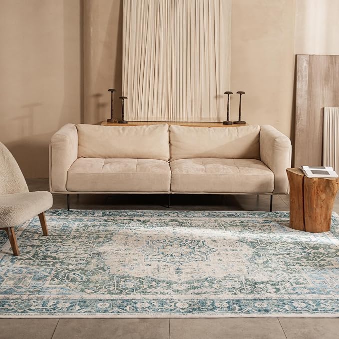 Kokia 9x12 Area Rugs for Living Room, Machine Washable Non Slip Vintage Boho Rugs, Low Pile Distressed Medallion Print Rug for Bedroom, Dining Room Blue 9 x 12