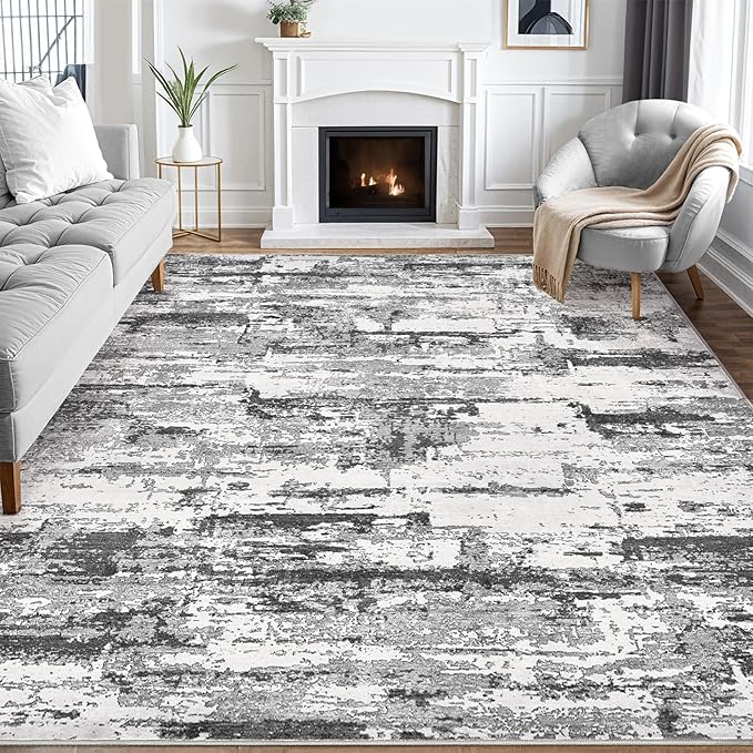 Area Rugs for Living Room: 8x10 Abstract Washable Rug Modern Neutral Large Soft Stain Resistant Non-Slip Backing Machine Table for Bedroom Dining Room Indoor Home Office Carpet - Black Grey