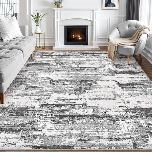 Area Rugs for Living Room: 8x10 Abstract Washable Rug Modern Neutral Large Soft Stain Resistant Non-Slip Backing Machine Table for Bedroom Dining Room Indoor Home Office Carpet - Black Grey