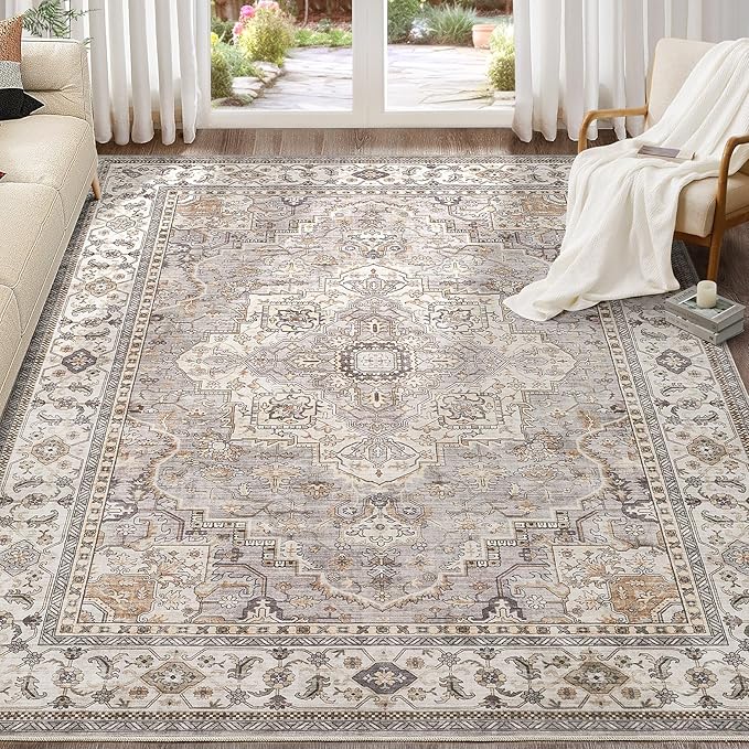 Washable Area Rugs for Living Room - 10x14 Neutral Vintage Distressed Floral Farmhouse Boho Large Soft Floor Rug Indoor Non Slip Carpet for Bedroom Dining Room Office - Grey