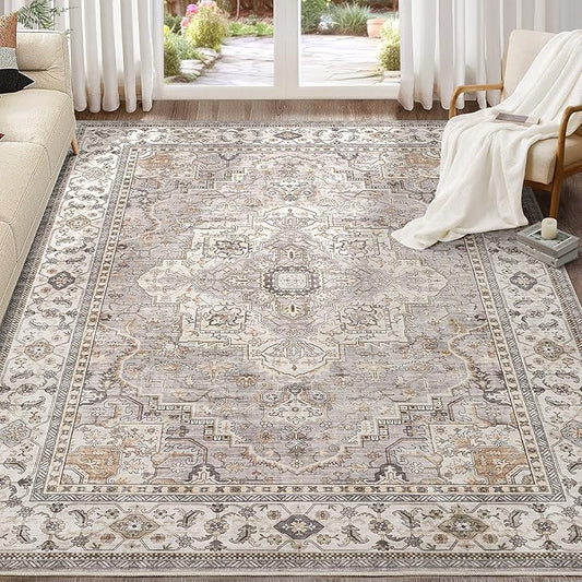 Washable Area Rugs for Living Room - 10x14 Neutral Vintage Distressed Floral Farmhouse Boho Large Soft Floor Rug Indoor Non Slip Carpet for Bedroom Dining Room Office - Grey