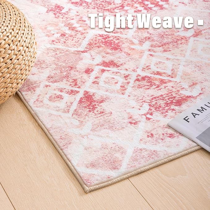 Carvapet Boho Rugs for Living Room, Moroccan Pink Low Pile Small Carpet with Rubber Backing, Foldable, Non Slip Machine Washable (5 x 3 Feet Rectangular, Pink Area Rug)