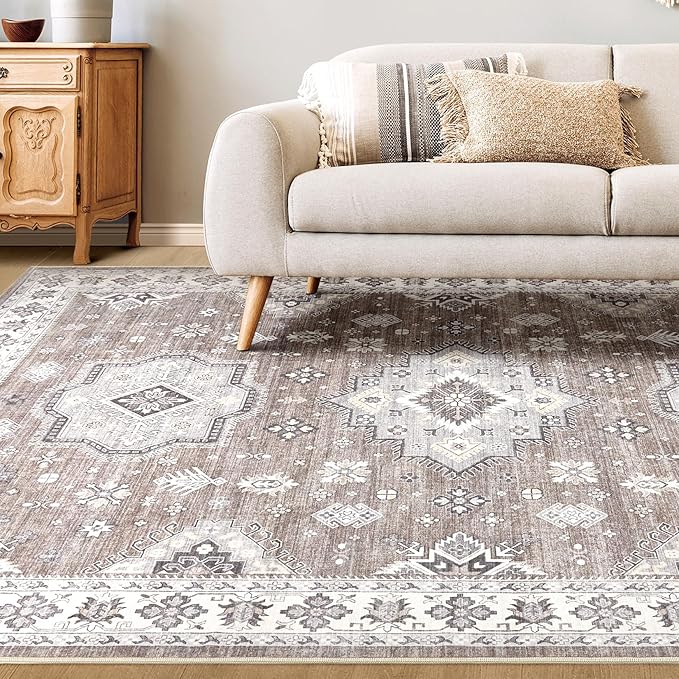 Washable Area Rugs for Living Room -8x10 Neutral Vintage Distressed Floral Farmhouse Boho Large Soft Floor Rug Indoor Non Slip Carpet for Living Room Bedroom Dining Room Office - Dark Brown