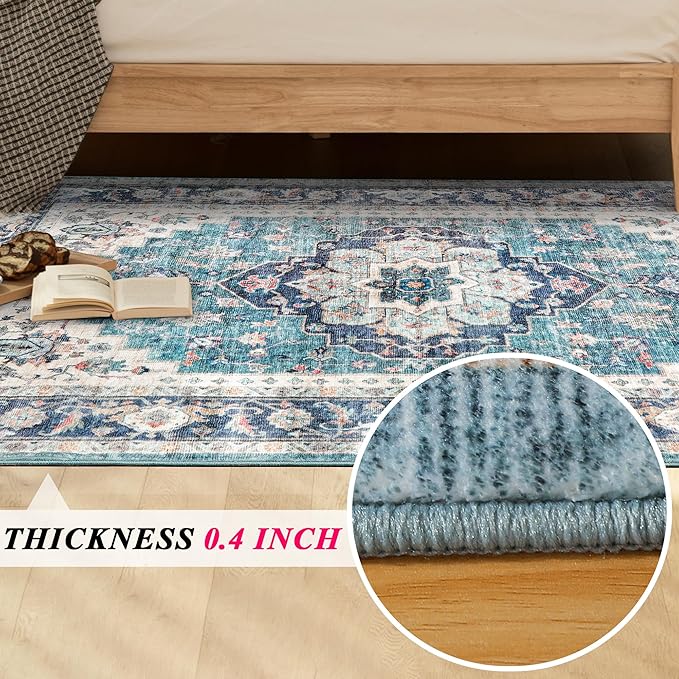 2x3 Machine Washable Area Rugs Boho Vintage Design Rug for Living Room, Bedroom, Kitchen, Soft Non-Slip Indoor Rug, Vintage Blue/Multi-Print Design