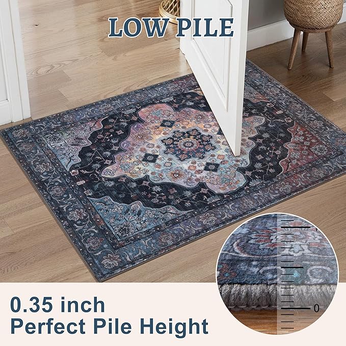2.6x8 Washable Runner Rug for Hallways, Non Slip Vintage Runner, Soft Low Pile Long Rug Runner, Print Distressed Navy Carpet Runners for Kitchen Bedroom Entryway Bathroom Living Room