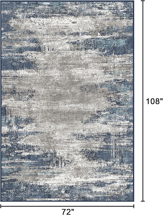 Bavni Rugs for Bedroom, Machine Washable Abstract Rug Non-Slip, Foldable Modern 6x9 Area Rugs, Soft Low Pile Carpet for Living Room, Dining Room, Playroom, Blue/Ivory