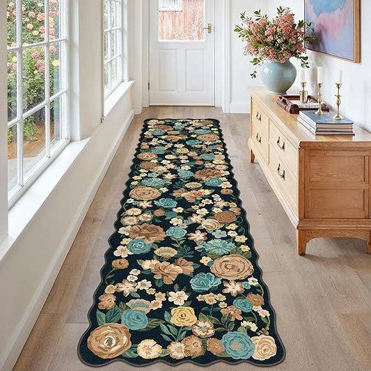 Washable Floral Runner Rug 2x8 Black Hallway Carpet Scalloped Flower Non Slip Soft Long Kitchen Runner Farmhouse Low Pile Thin Indoor Floor Cover for Bathroom Bedroom Laundry Room Entryway