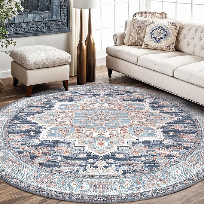 BESTSWEETIE 8ft Area Rugs for Living Room Washable Non Slip Carpet Low Pile Soft Vintage Print Pattern Rug for Bedroom Dining Room Kitchen Entryway Indoor-Navy Blue/Light Blue/Natural/Brick