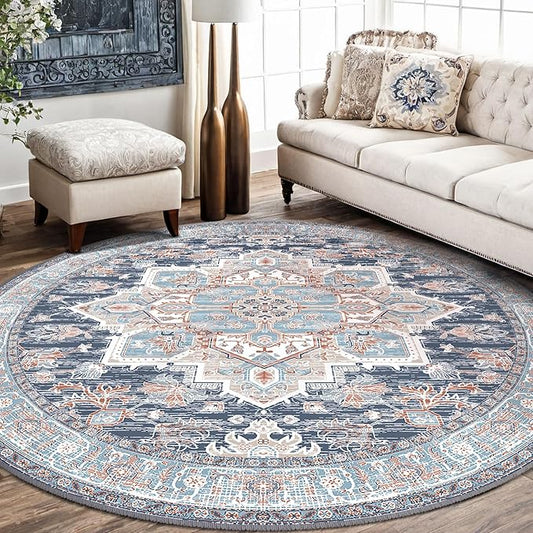 BESTSWEETIE 8ft Area Rugs for Living Room Washable Non Slip Carpet Low Pile Soft Vintage Print Pattern Rug for Bedroom Dining Room Kitchen Entryway Indoor-Navy Blue/Light Blue/Natural/Brick