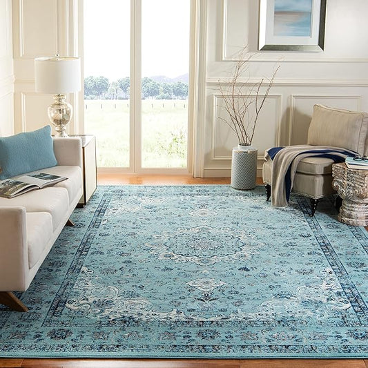 SAFAVIEH Evoke Collection Area Rug - 5'3" Square, Light Blue & Light Blue, Shabby Chic Medallion Design, Non-Shedding & Easy Care, Ideal for High Traffic Areas in Living Room, Bedroom (EVK220E)