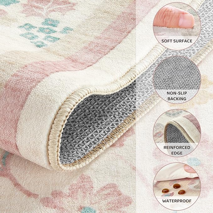 10x14 Area Rug Living Room Rugs - Washable Boho Vintage Floral Large Soft Non Slip Thin Rug Low Pile Carpet for Bedroom Dining Room Kids Playroom Office Decor Indoor- Pink