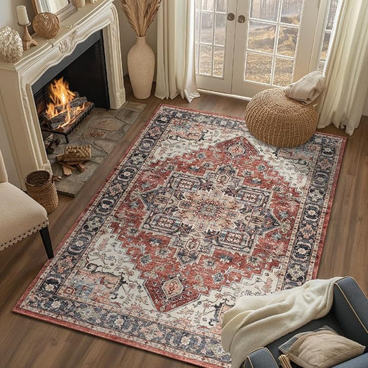 jinchan Area Rug 4x6 Washable Soft Thin Vintage Low Pile Non Slip Distressed Carpet Indoor Oriental Medallion Rug for Bedside Bathroom Bedroom Laundry Room Dining Room Terra Red Multi