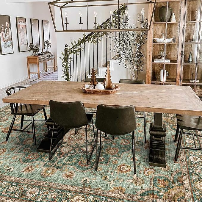 Washable Oriental Area Rug - 8x10 Rugs for Living Room Soft Carpet for Bedroom Waterproof Floral Distressed Indoor Stain Resistant Non-Shedding Floor Carpets (Green, 8x10)