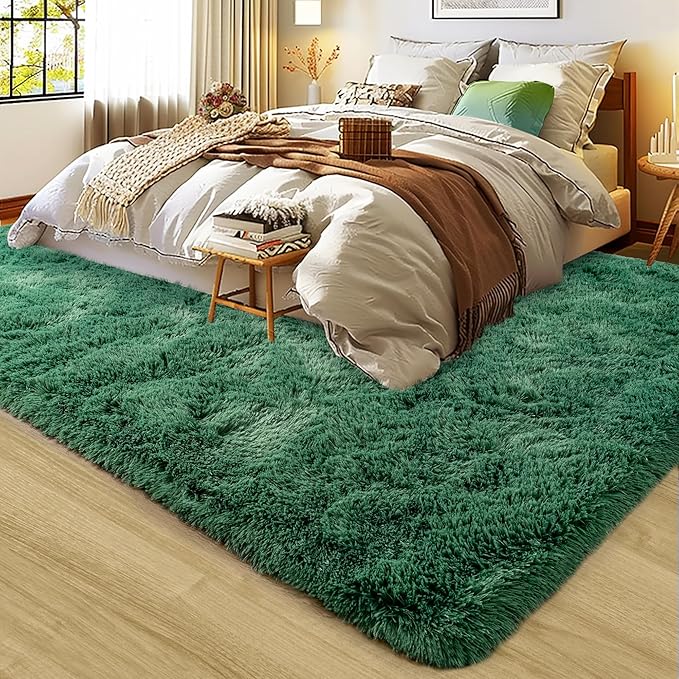 Ultra Fluffy Rug for Living Room Bedroom, 5x7 Fuzzy Large Area Rug for Living Room, Plush Soft Shag Carpet for Girl Boy Kids, Non Slip Rug Modern Indoor Home Decor Aesthetic, Dark Green